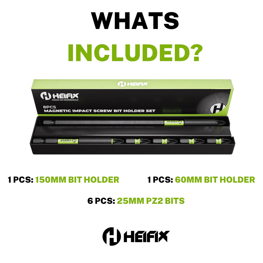 8 Piece Magnetic Bit Holder Set – 150mm & 60mm Extra Long Impact Holders + 6 x 25mm PZ2 Bits