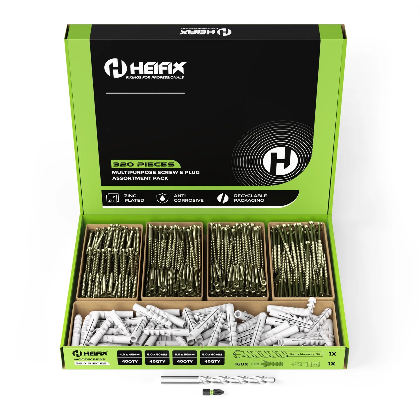 320pc Assorted Screw and Plug Set + Free Masonry drill bit + Free Pozi Bit