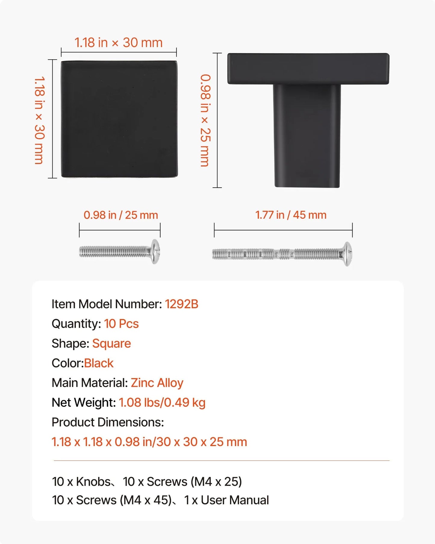 Square Modern Cabinet Knobs, 10Pc