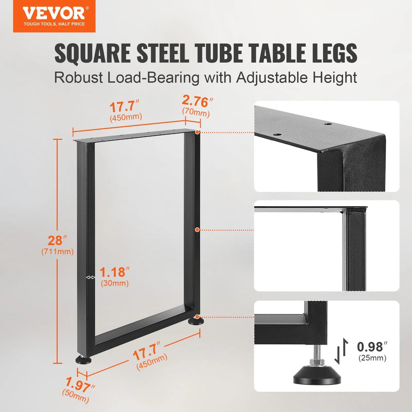 Square Steel Office Table legs 28" x 17" (71cm x 45cm) 2pc
