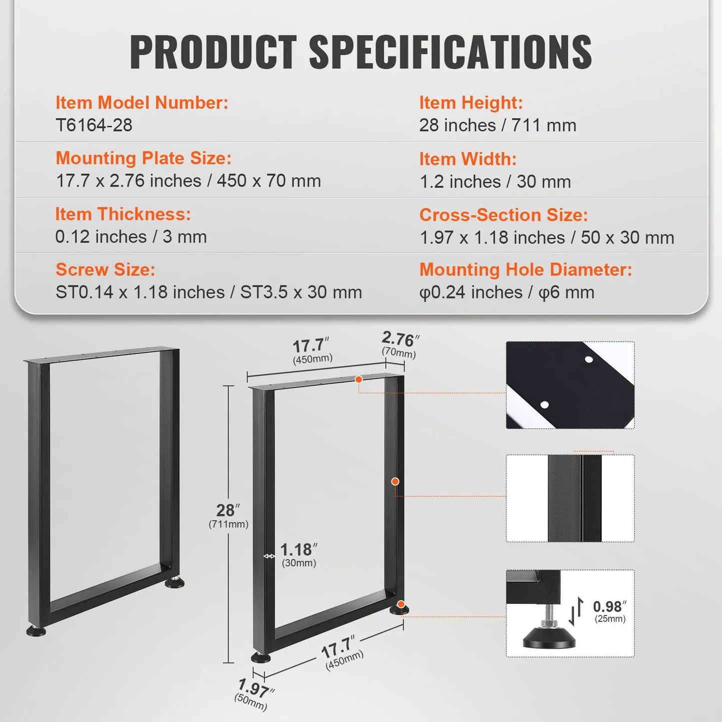 Square Steel Office Table legs 28" x 17" (71cm x 45cm) 2pc
