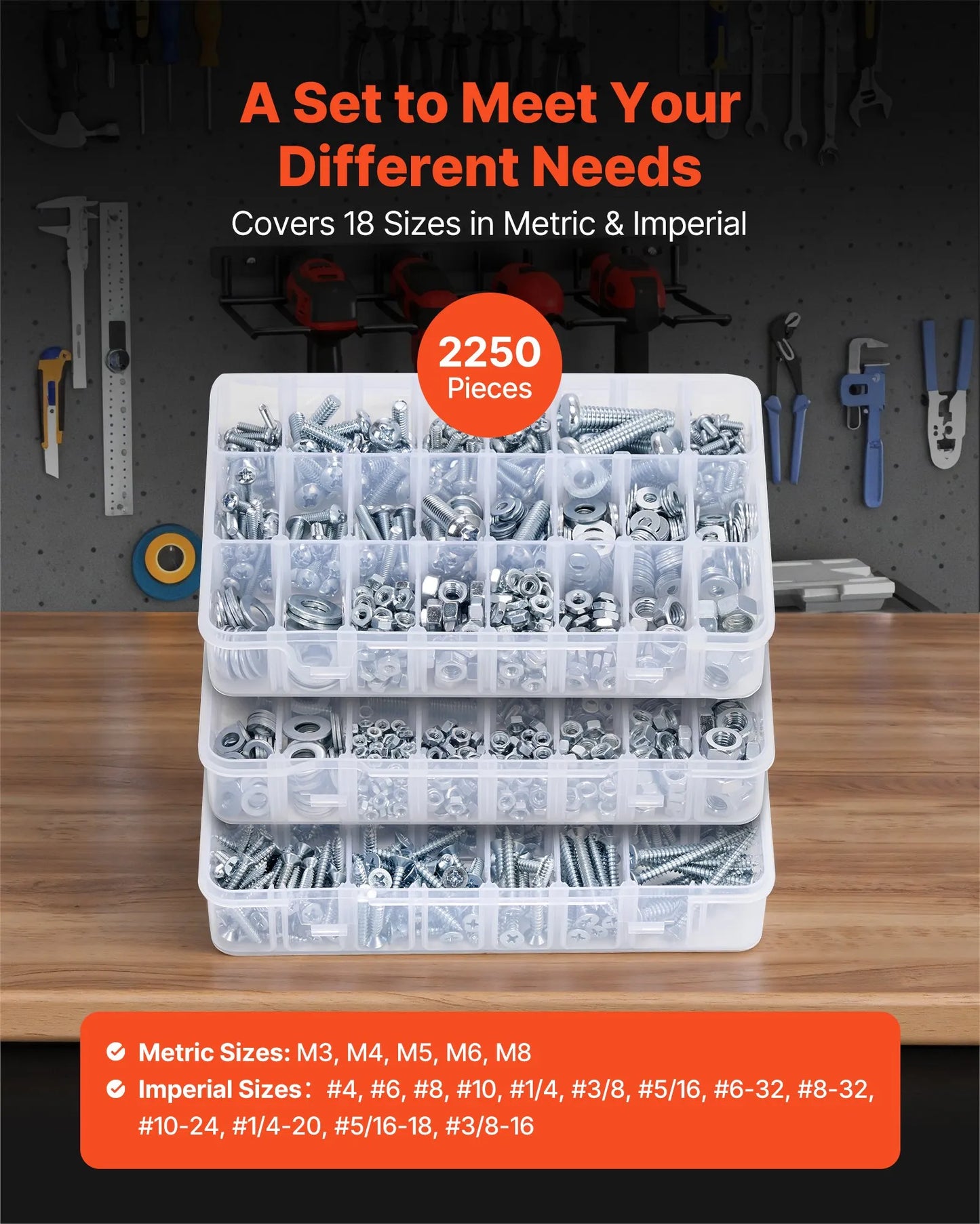 2250 Pcs Bolts and Nuts Assortment Kit, Metric + Imperial Machine Screws and Flat Washers